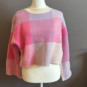 NWT | Jessica Simpson Cropped Square Pattern Pink Sweater Bell Sleeves Size M